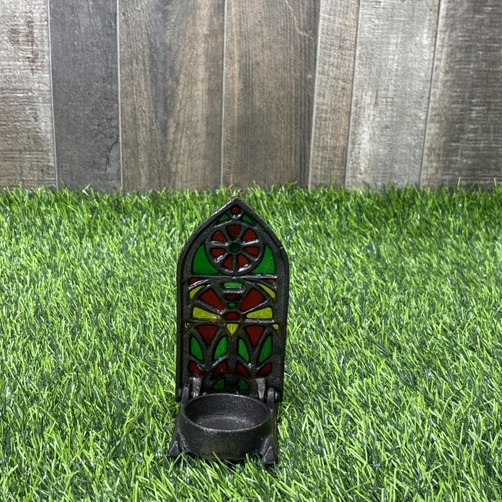Vintage Taiwan Cast Iron Tealight Holder Church Window Stained Glass
